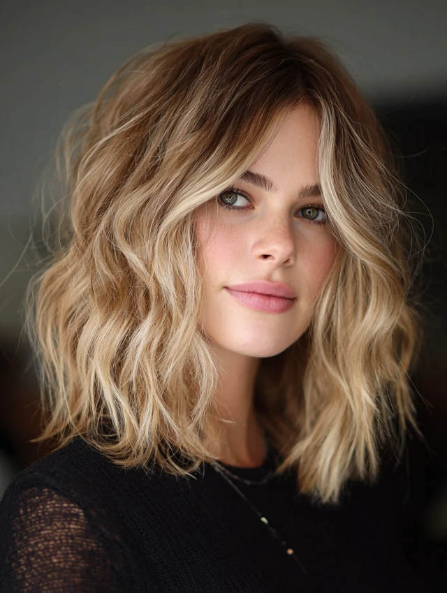 Honey blonde layered lob with face-framing money pieces