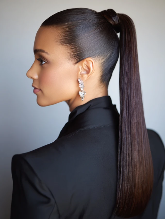 Woman with a sleek high ponytail hairstyle for work