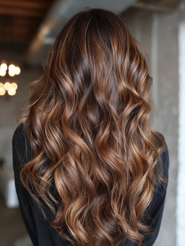 Long honey brown balayage hair in waves