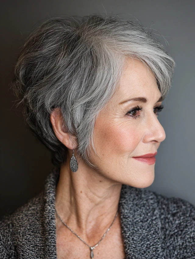 Salt and pepper layered pixie haircut for women