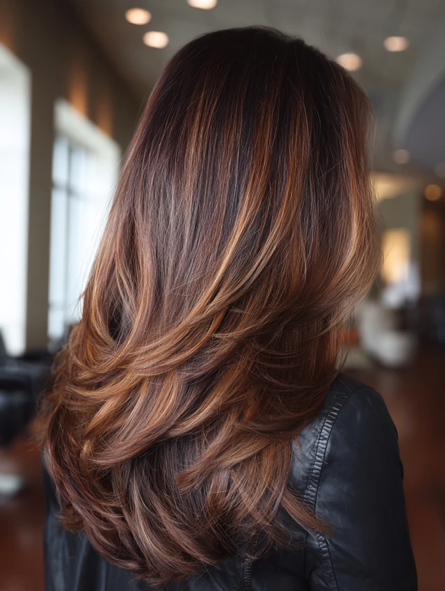 Long dark brown hair with caramel balayage and face-framing layers