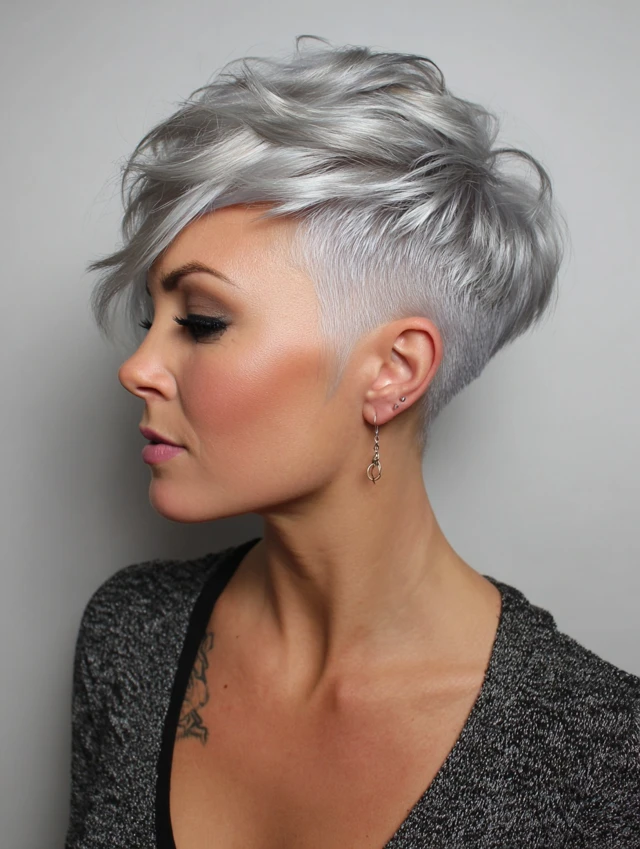 Pearl blonde gray pixie haircut