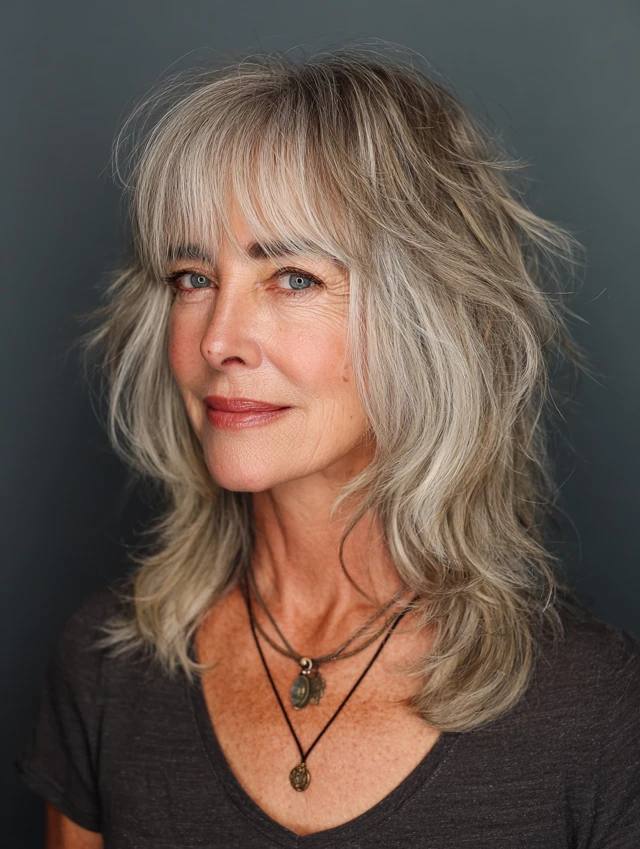 Gray shag haircut with curtain bangs