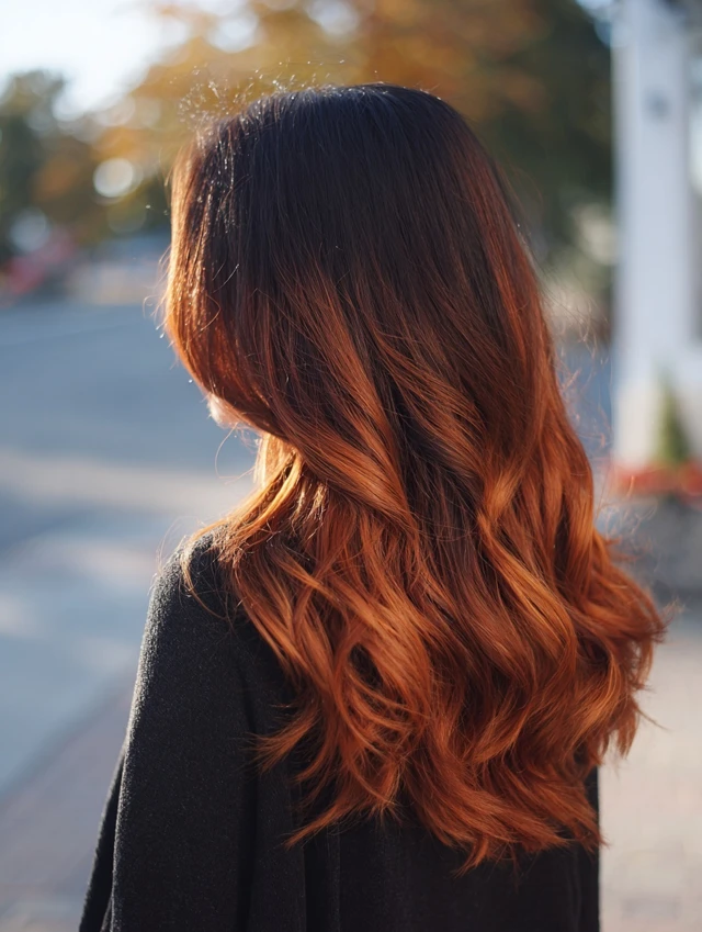 Burnished auburn ombre fading to copper ends on long hair