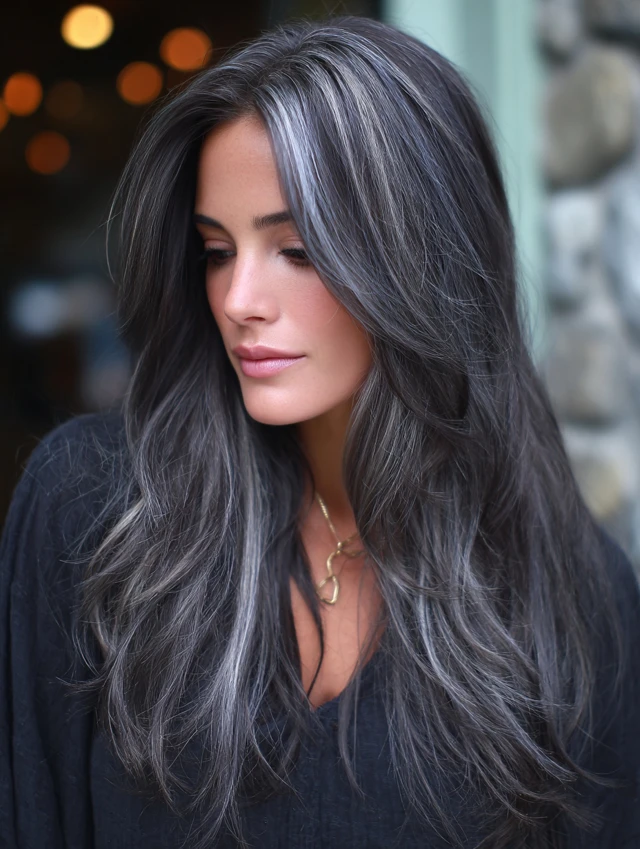 Long layered hair with gray ombre soft gradient