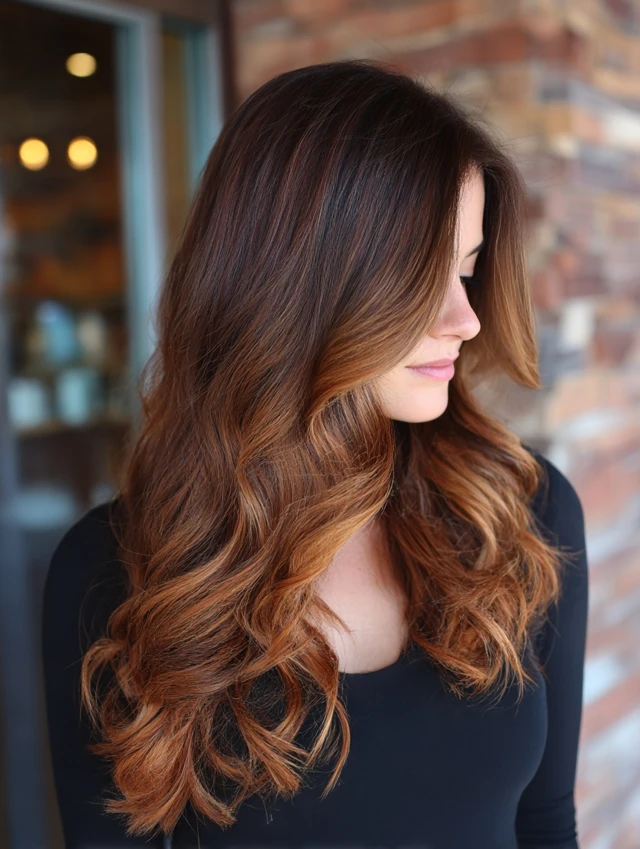 Warm copper-brunette balayage with a glossy finish