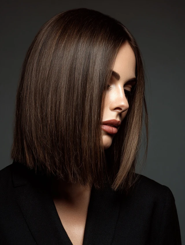 Blunt dark chocolate brown bob with a sleek glassy finish
