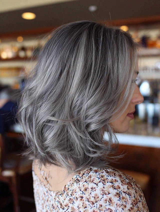 Silver gray bob haircut with dark shadow roots