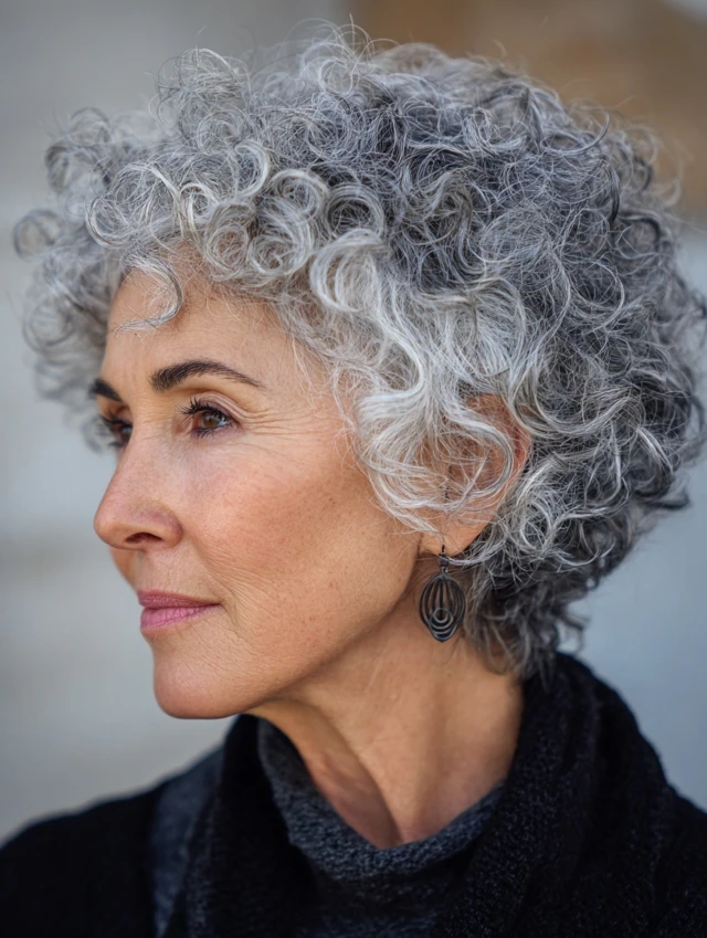 Curly grey bob on an older woman