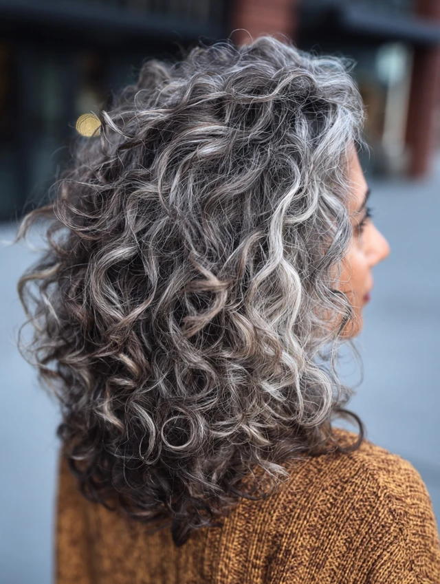 Curly hair in ash brown with silver highlights