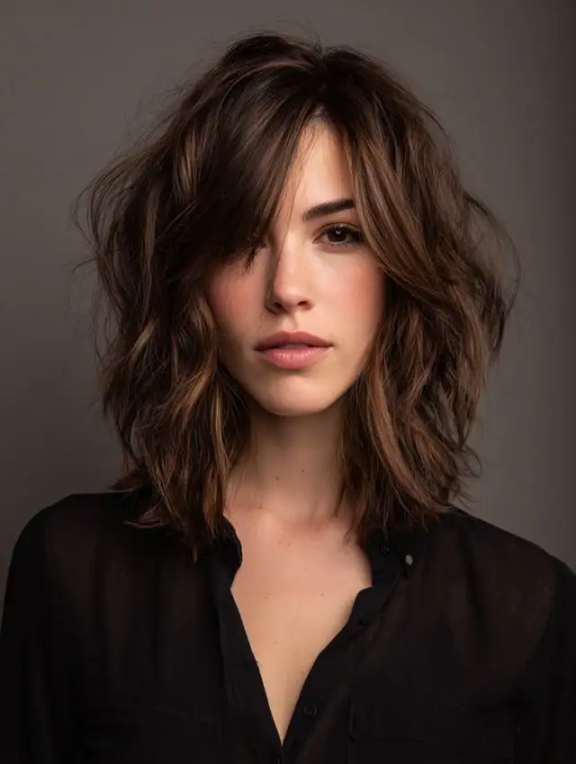 Shaggy brunette wavy lob with side-swept bangs