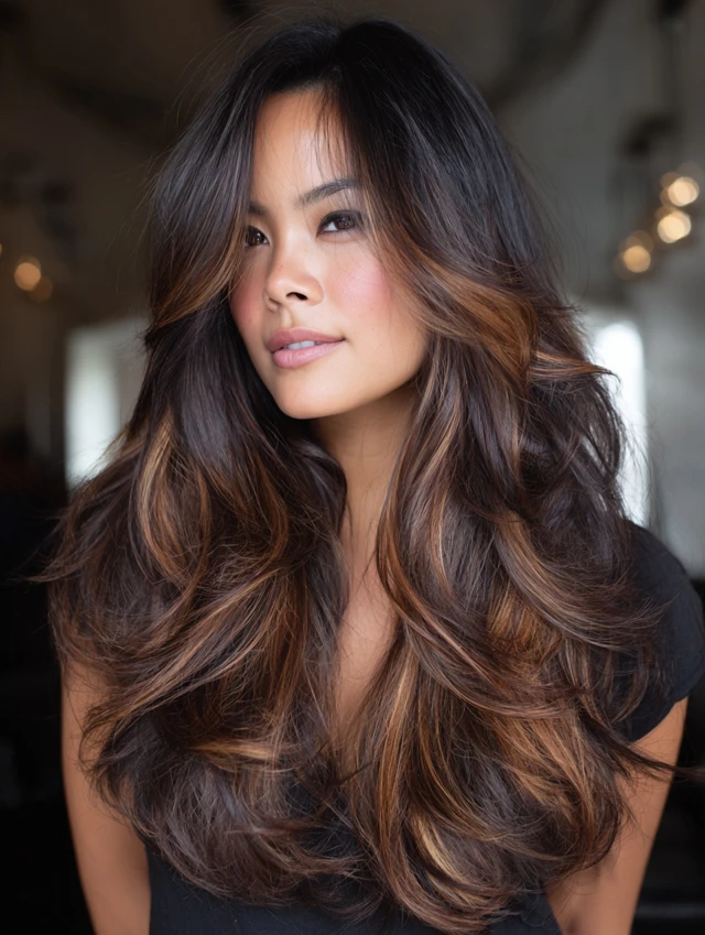 Soft black hair with subtle espresso lowlights and sleek texture