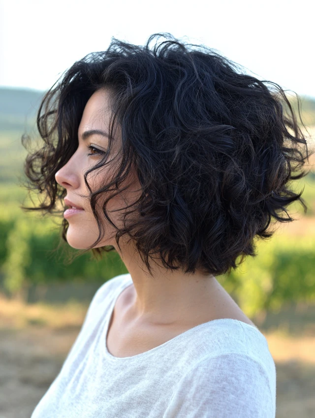 Rounded fluffy curly bob with natural curl definition