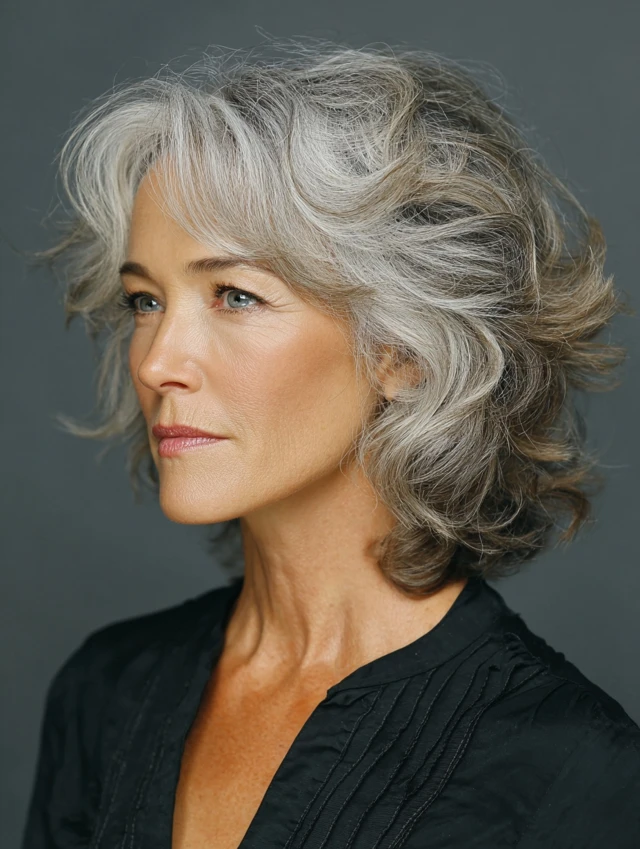 Wavy silver hair at shoulder length