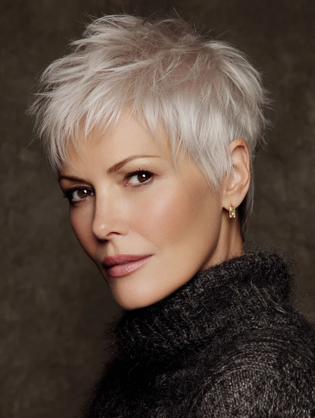 Platinum textured pixie crop with micro fringe