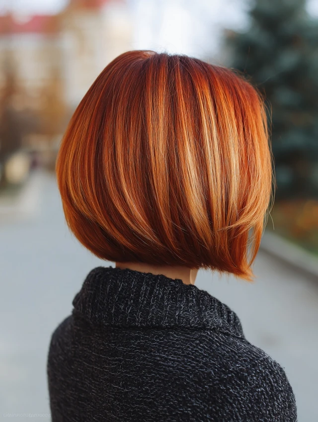 Bright copper bob haircut with blunt ends
