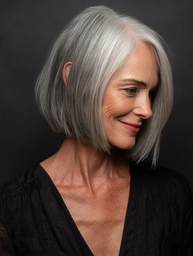 Older woman with a short white cropped hairstyle