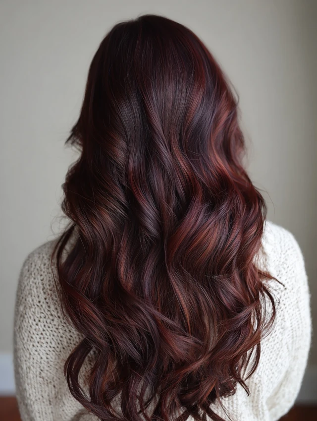 Dark brown wavy hair with burgundy balayage ribbons, back view