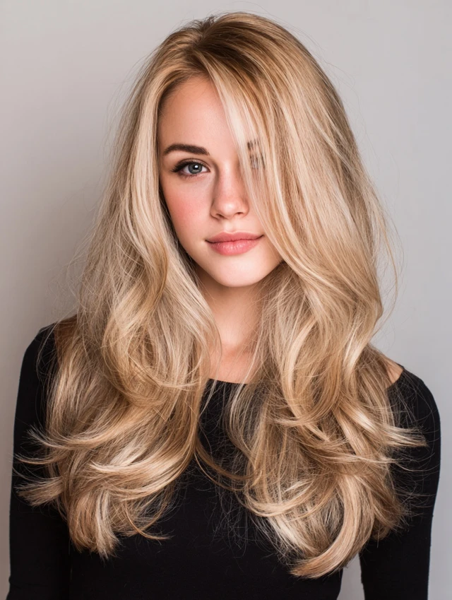 Long dark blonde layered hair with deep side part