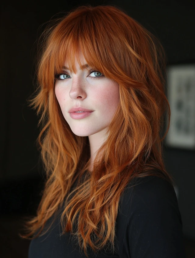 Copper shag with long layers and wispy fringe, redhead