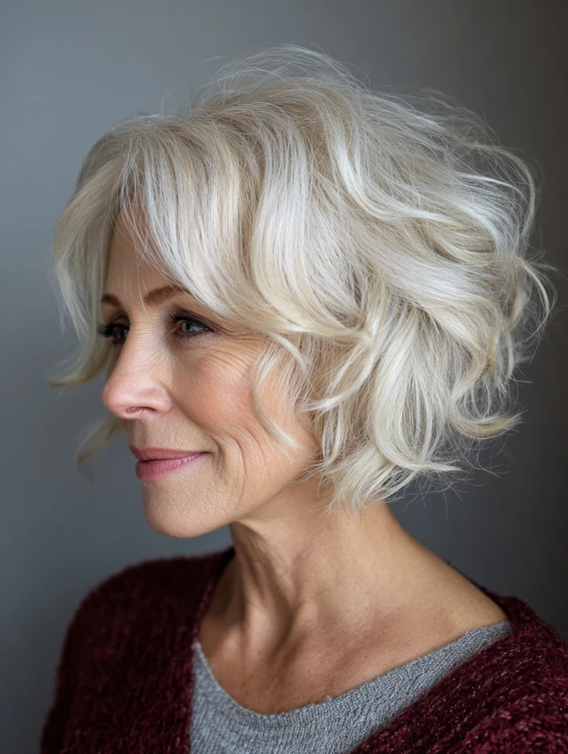 Platinum short bob haircut with lifted volume
