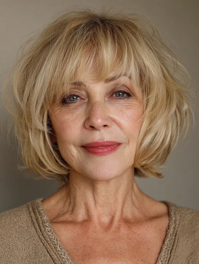 Honey blonde lob with curtain bangs on a mature woman