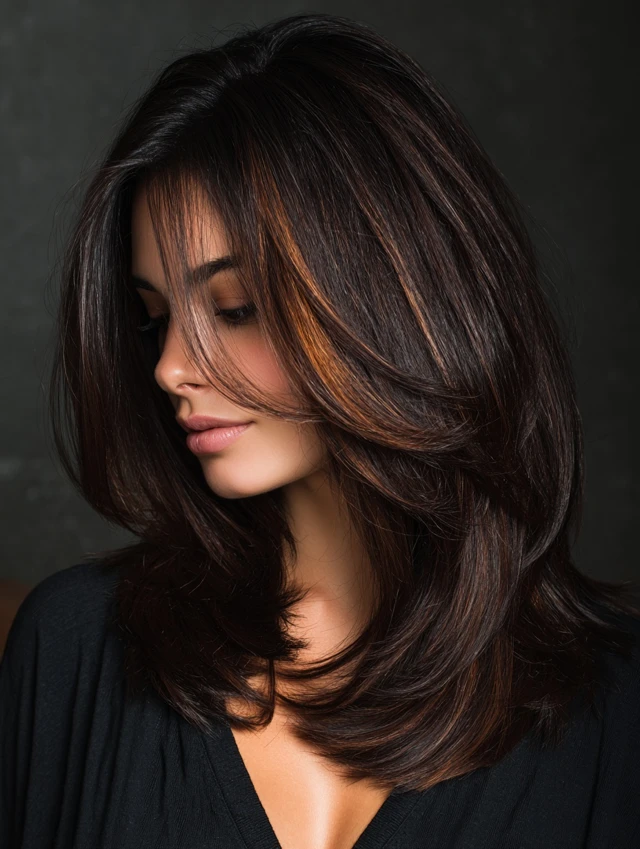 Dark brown hair with warm bronze face-framing highlights