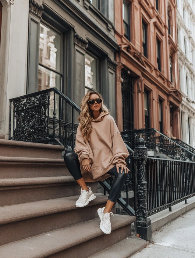 Woman in an oversized beige coat with a hoodie and leggings