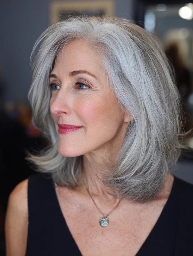 Silver side parted lob with sleek finish
