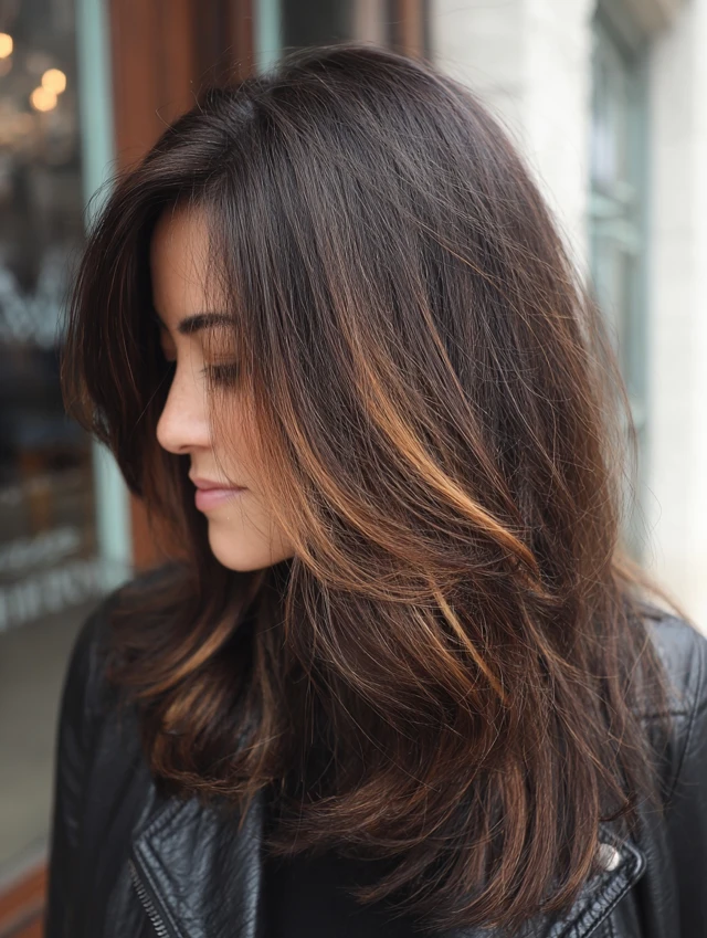 Dark chocolate brown hair with caramel face-framing highlights in long layers