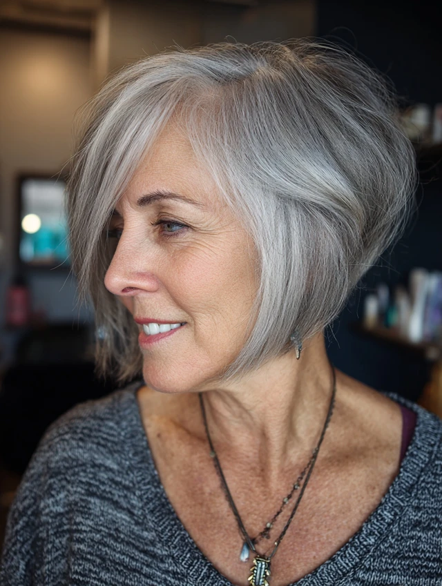 Older woman with a silver shag haircut at collarbone length