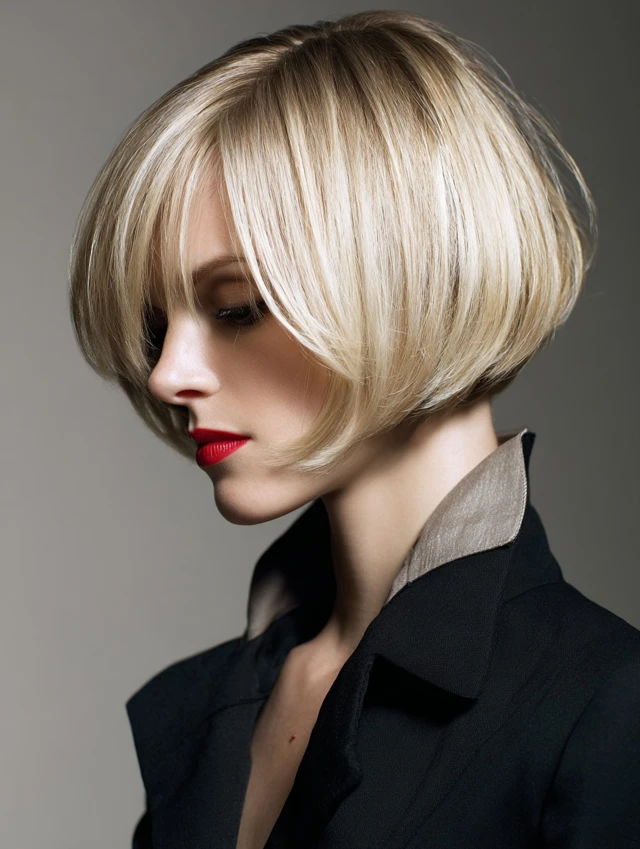 Champagne blonde bob with soft dark roots