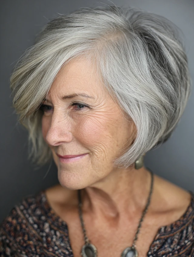 Silver stacked bob haircut with soft side swept layers on an older woman