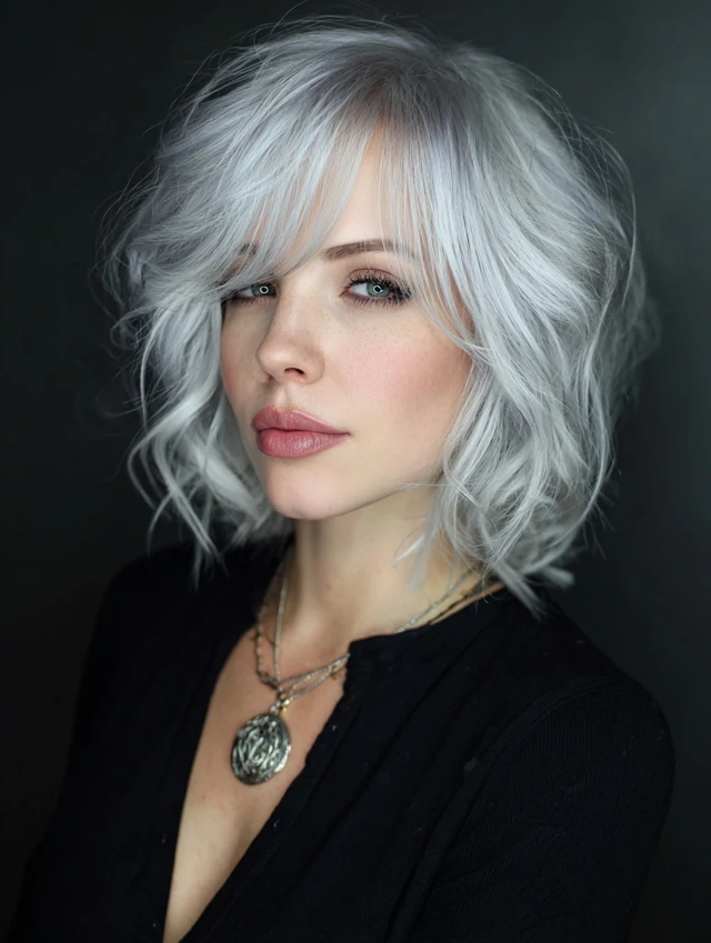 Silver gray wavy bob with curtain bangs