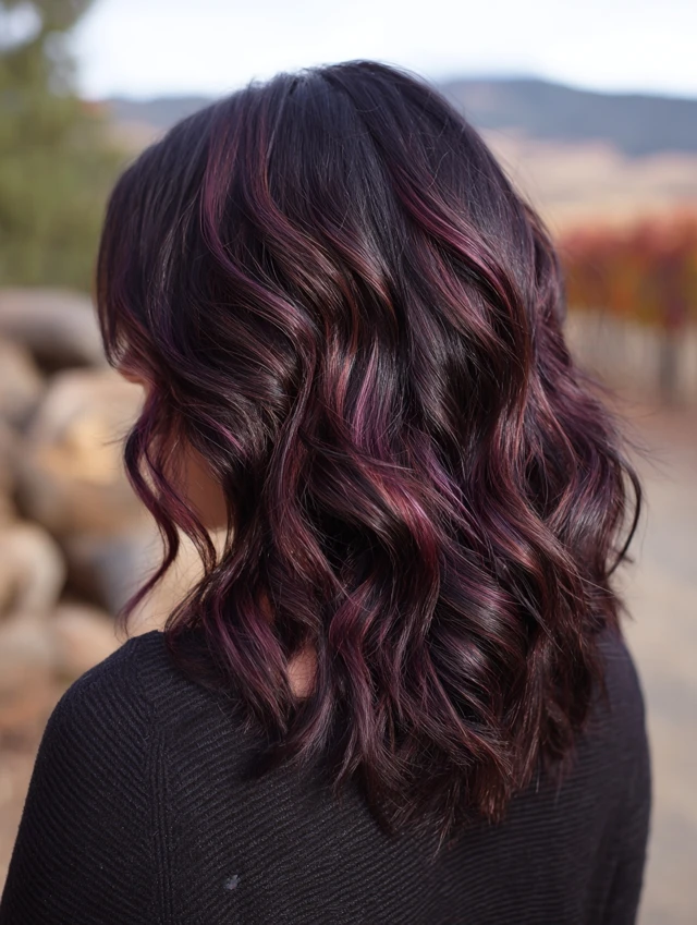 Dark wavy hair with burgundy peekaboo highlight ribbons