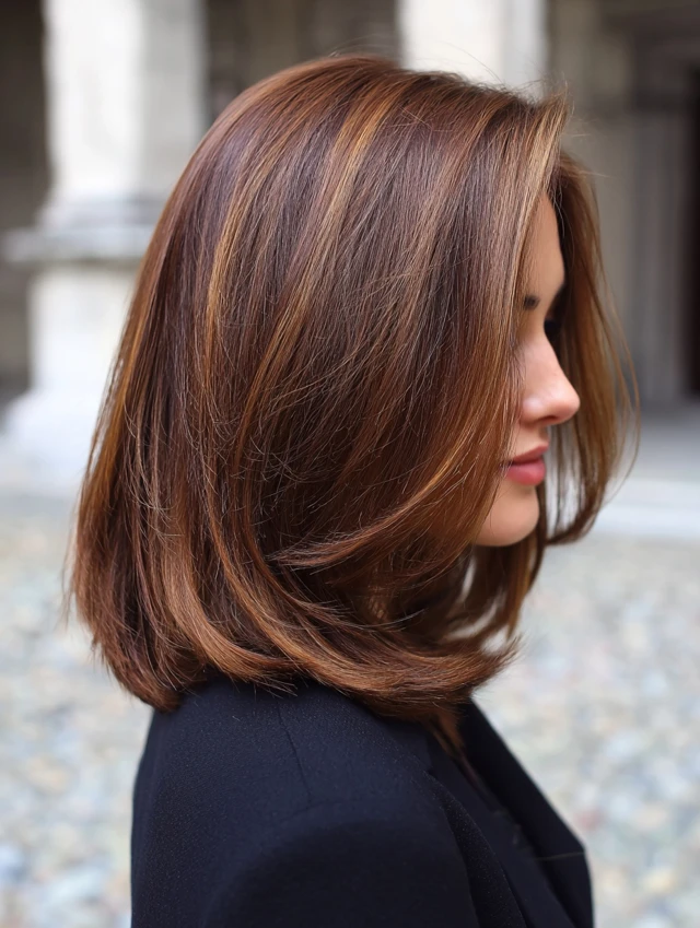 Layered bob in warm chestnut espresso brown with coppery highlights