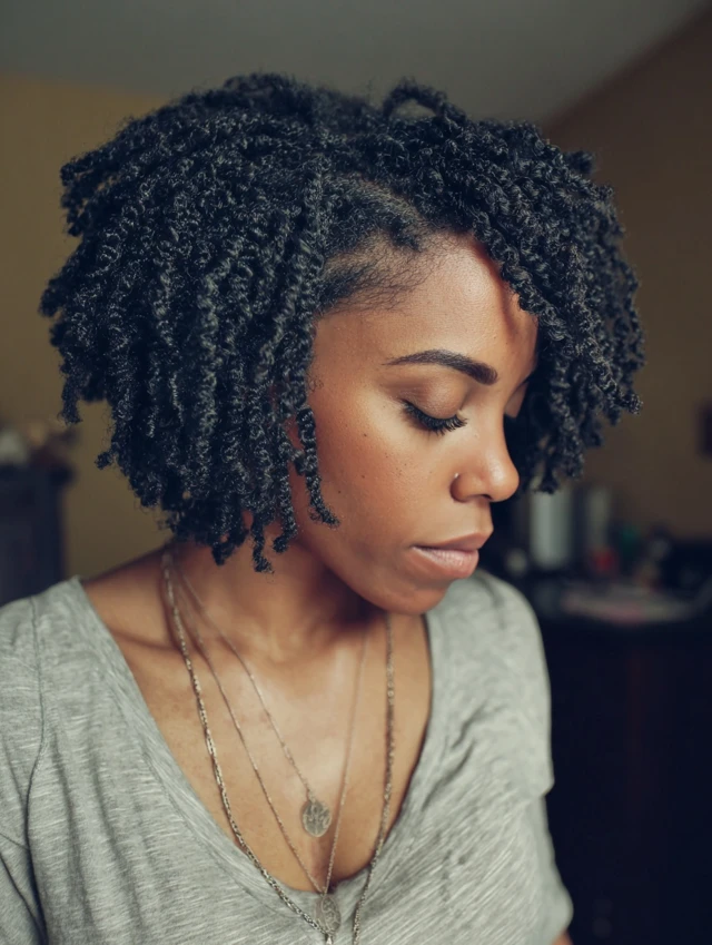 Two-strand twist-out on natural hair with tapered sides and a side part
