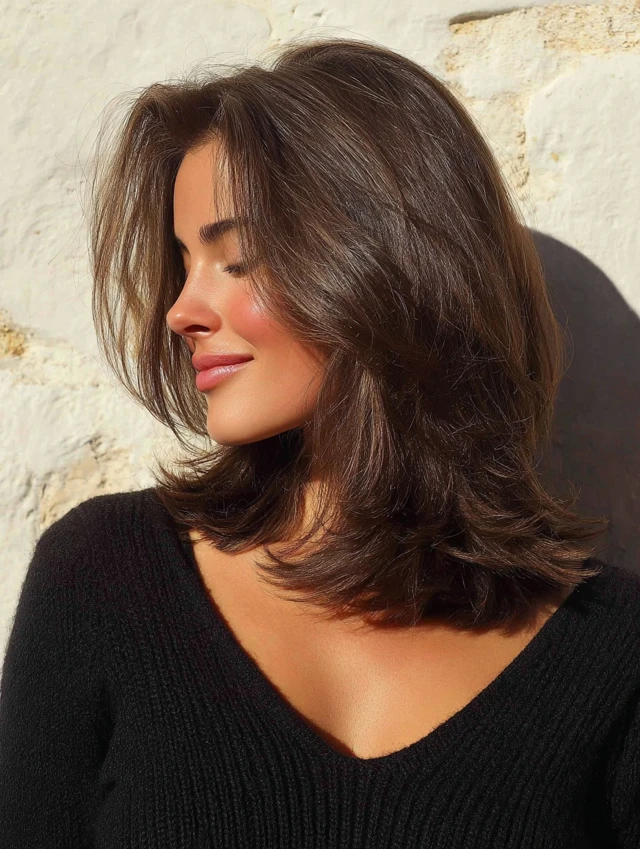 Chocolate brown lob with voluminous blowout