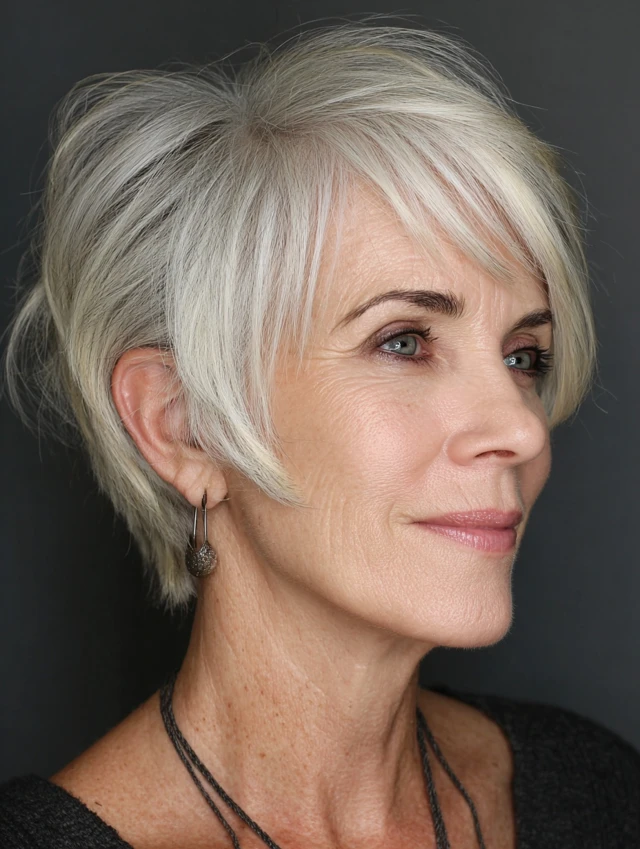 White-blonde layered pixie with side-swept fringe