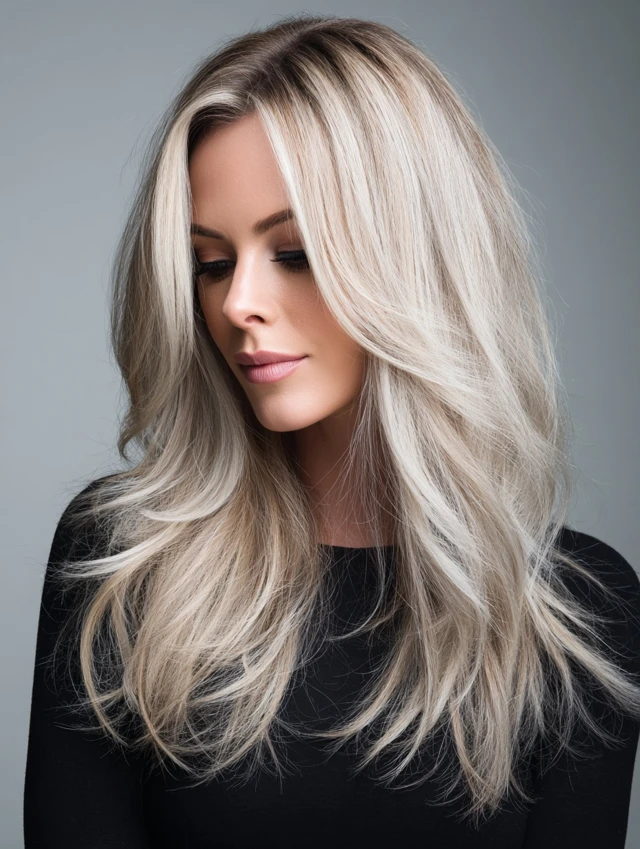 Platinum-blonde hair with cool undertones worn long and sleek