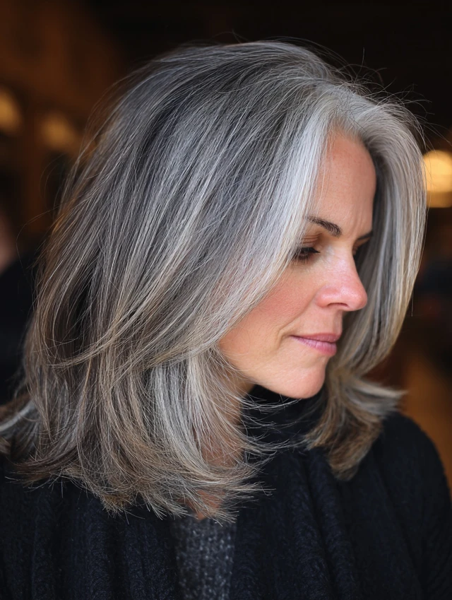 Shoulder-length layered hair with gray balayage
