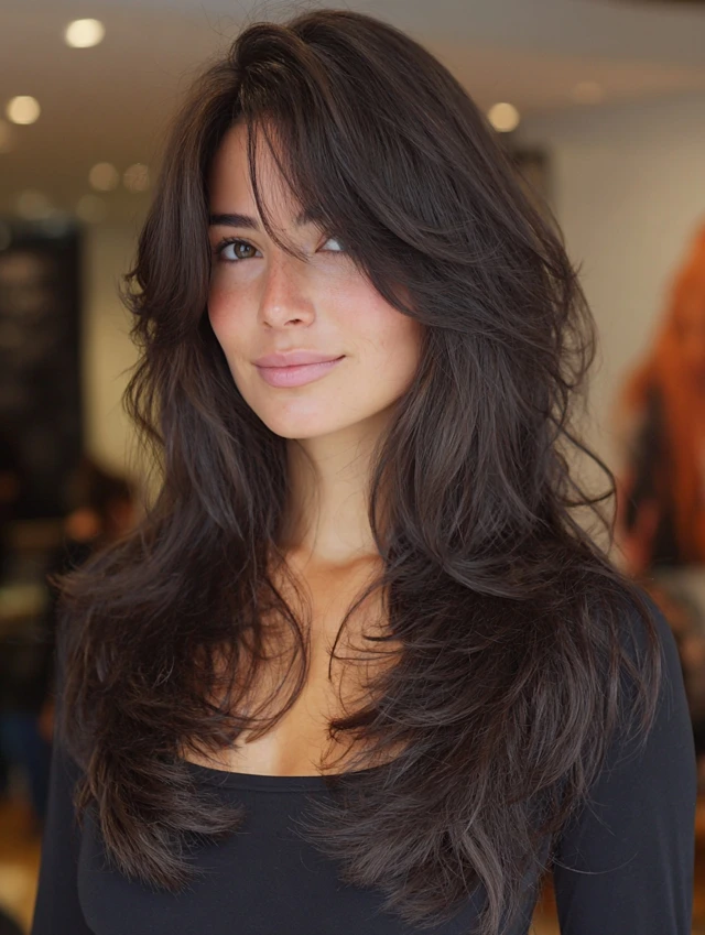 Dark brown mid-back hair with curtain bangs and soft layers