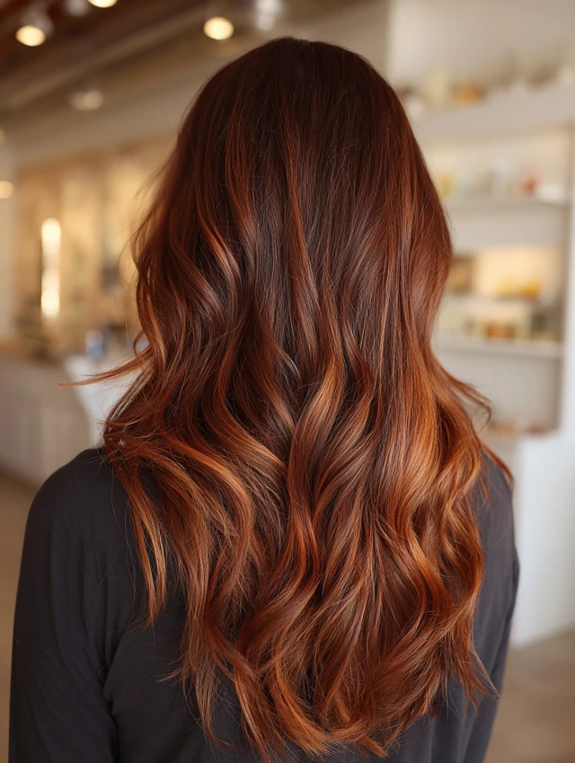 Copper balayage melting through brunette waves like cinnamon
