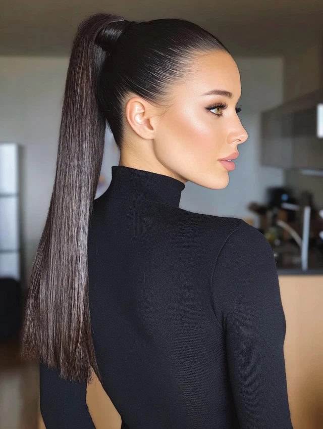 A glass-straight, sky-high ponytail with a mirror shine