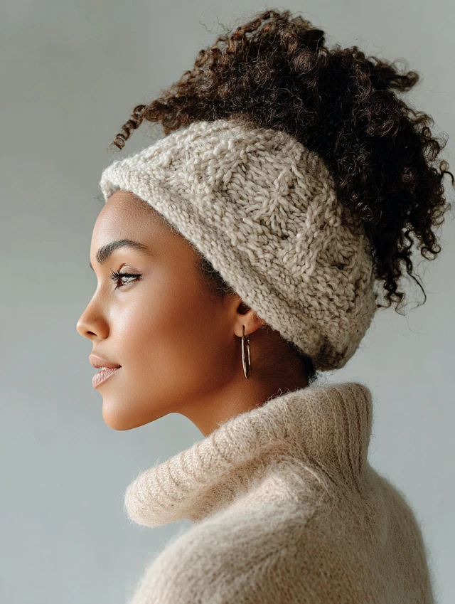 Woman with a dark curly high puff worn with a cream knit headband