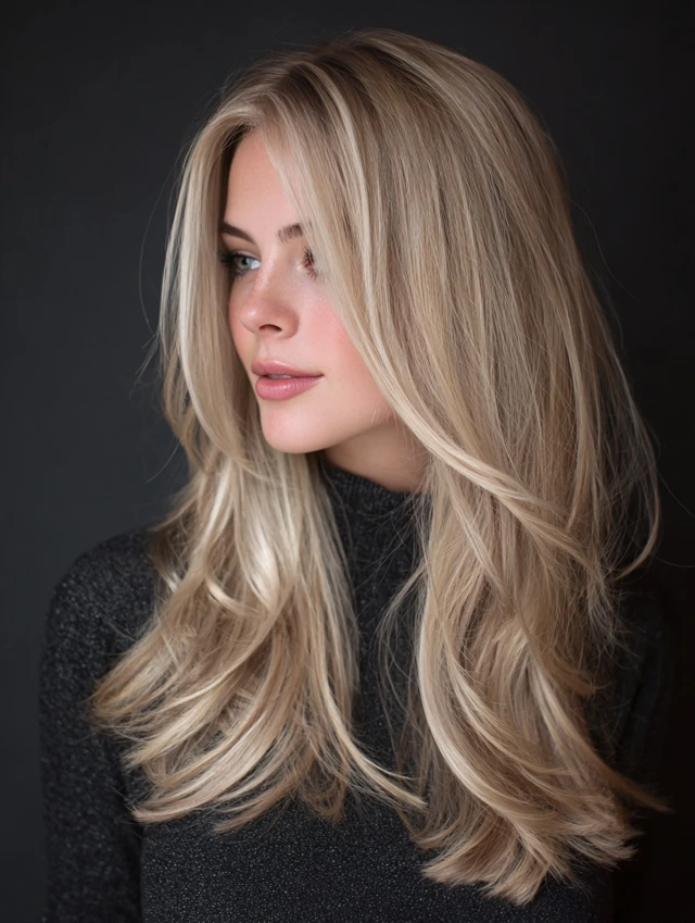 Long blonde hair with soft layers and dimensional face-framing color