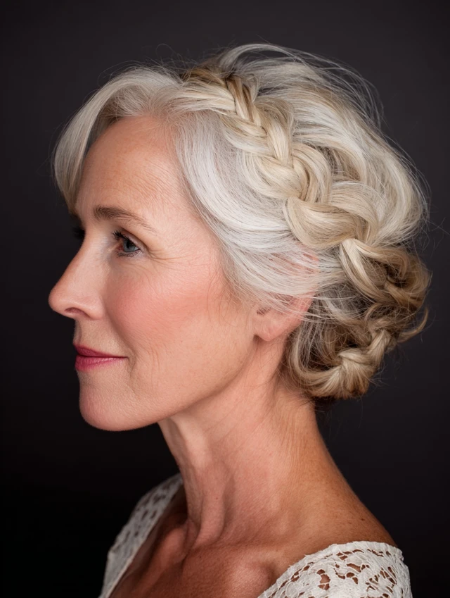 Classic French twist updo in silver hair