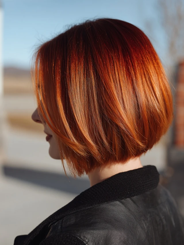 Copper-mahogany blunt bob with a chin-length line