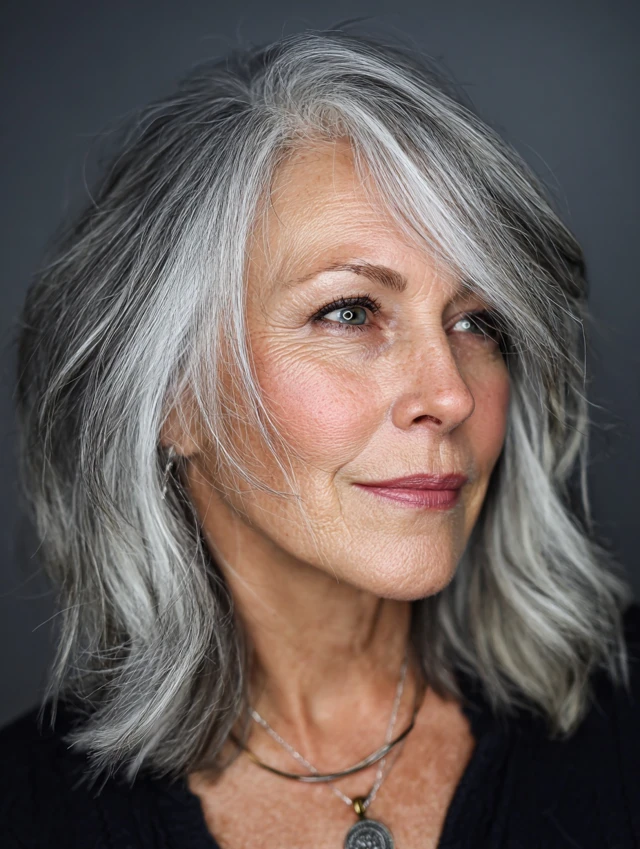 Salt-and-pepper gray shag haircut at shoulder length with curtain bangs