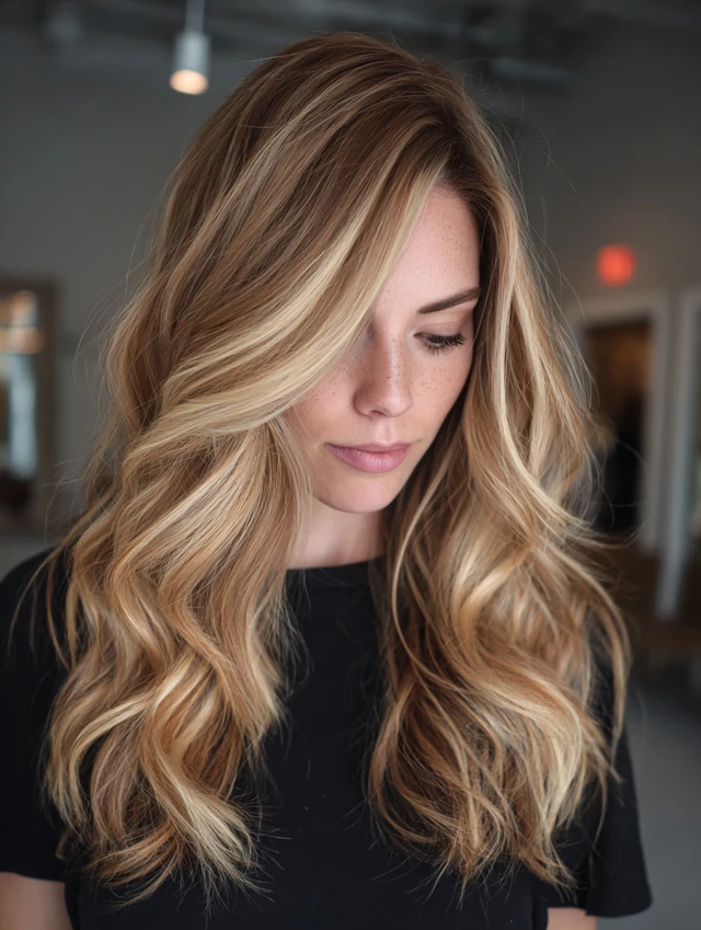 Honey blonde balayage on long wavy mid-back hair